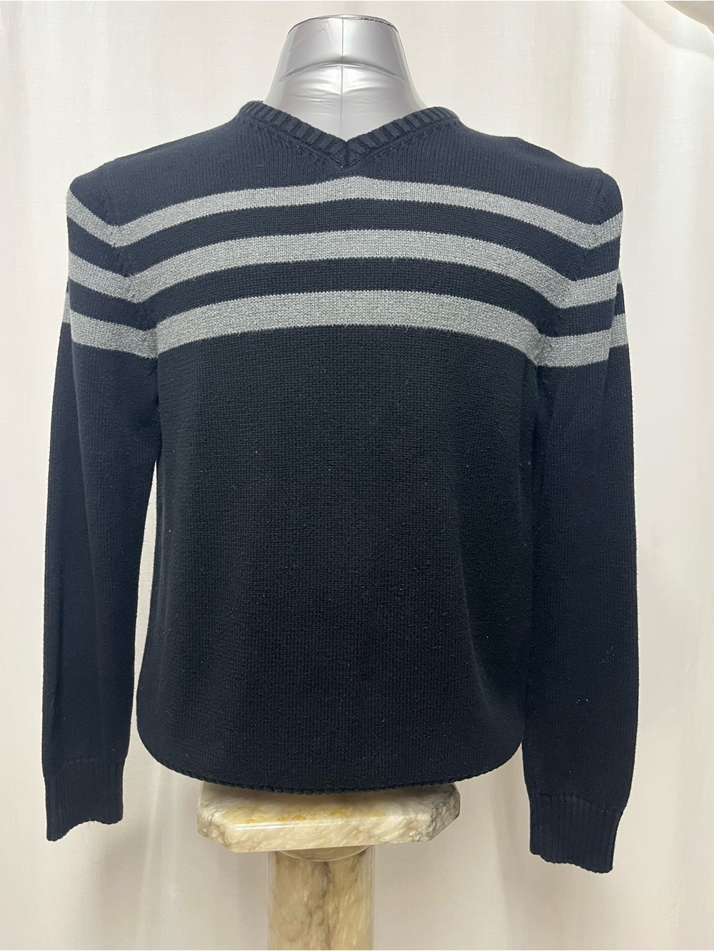 Denver Hayes Men's Black V-Neck Knit Sweater Gray Chest Stripes 1682